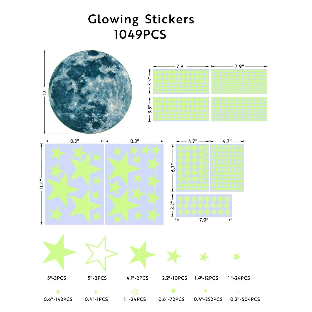 1049pcs Luminous Stickers Glowing Moon Stars Dots Fluorescent Stickers Wall Stickers Room Decoration