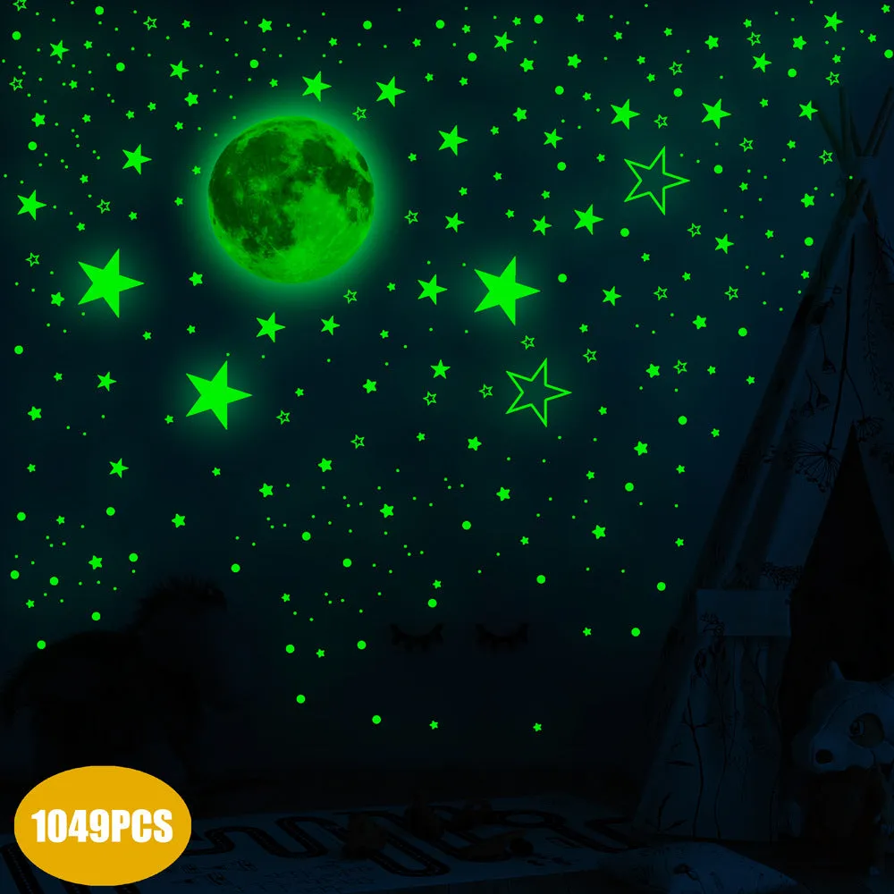 1049pcs Luminous Stickers Glowing Moon Stars Dots Fluorescent Stickers Wall Stickers Room Decoration