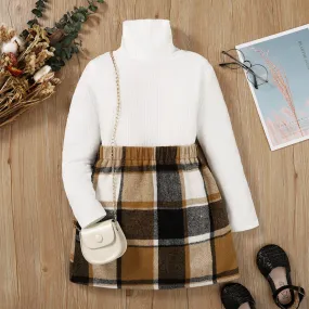 2pcs Kid Girl Turtleneck Long-sleeve Black Tee and Plaid Skirt Set