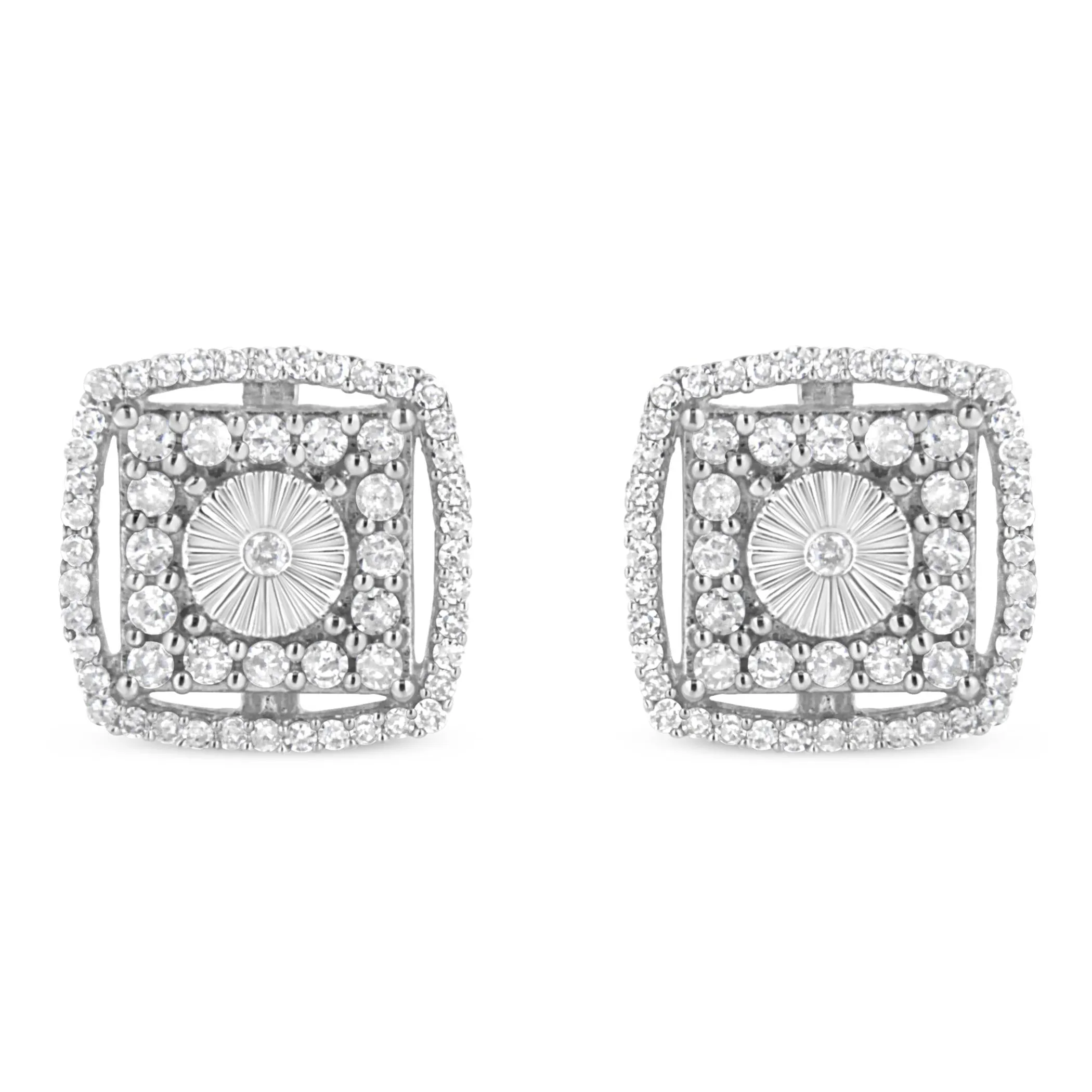 .925 Sterling Silver 1.0 Cttw Round Diamond Double Halo and Disc Stud Earring (I-J Color, I2-I3 Clarity)