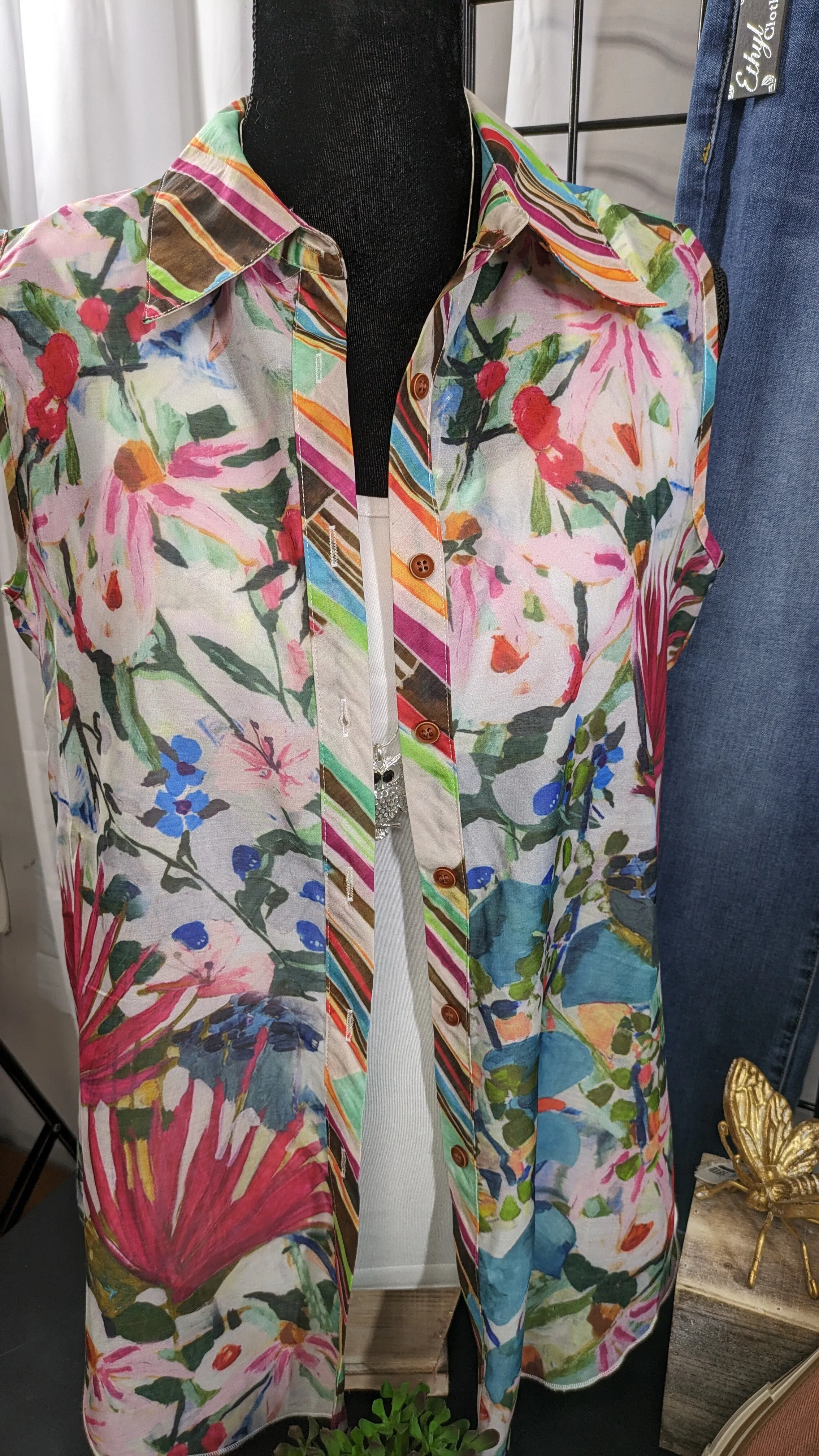 Adore Floral Splash or Striped Hi-Low Sleeveless Button-Up Tunic