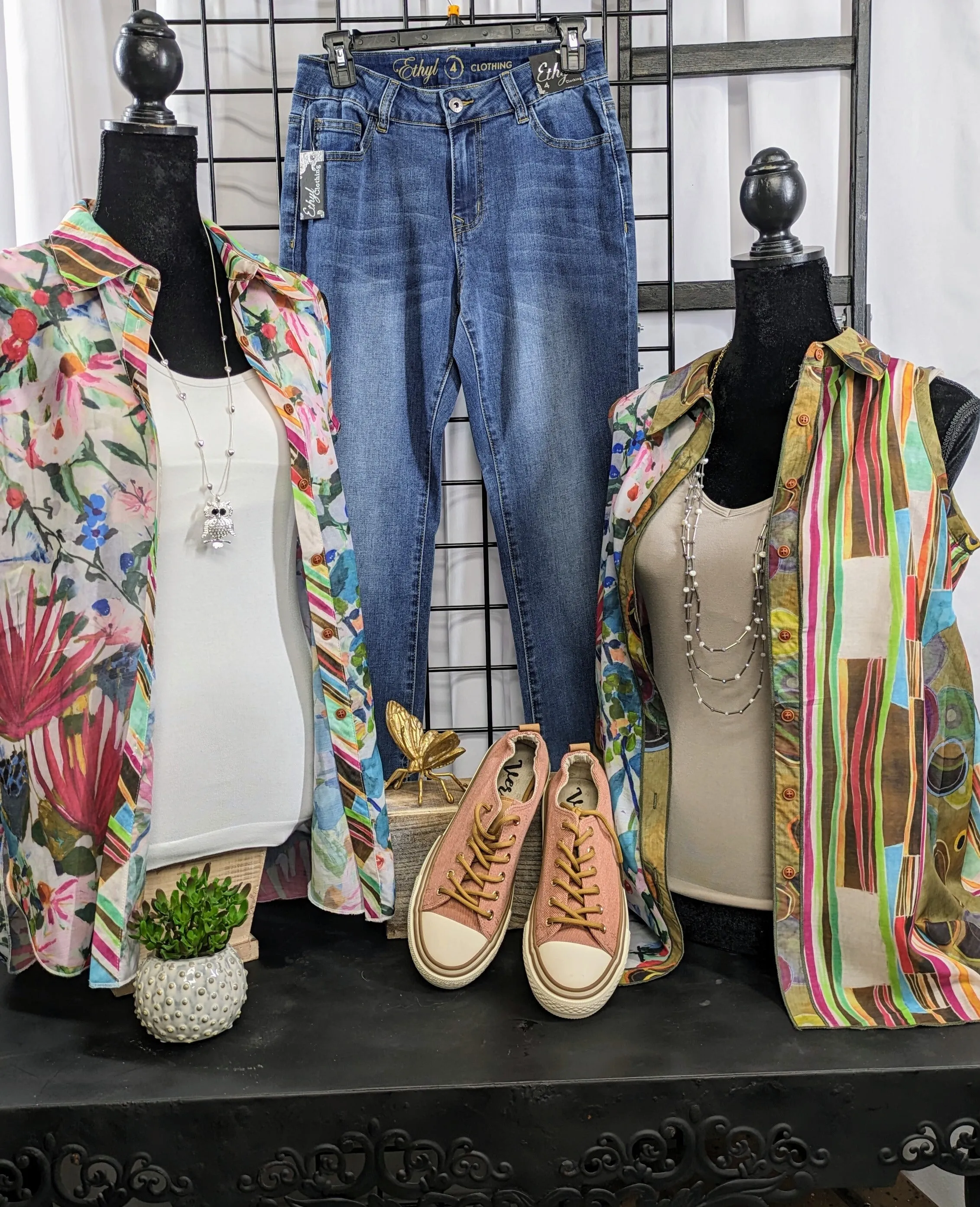 Adore Floral Splash or Striped Hi-Low Sleeveless Button-Up Tunic