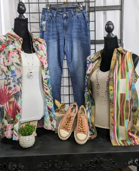 Adore Floral Splash or Striped Hi-Low Sleeveless Button-Up Tunic