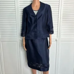 ADRIANNA PAPELL Evening Essentials Silk Navy Blue Skirt Suit Size 10