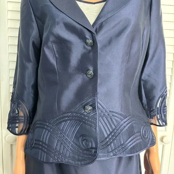 ADRIANNA PAPELL Evening Essentials Silk Navy Blue Skirt Suit Size 10