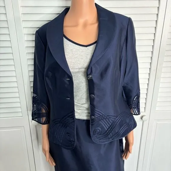 ADRIANNA PAPELL Evening Essentials Silk Navy Blue Skirt Suit Size 10