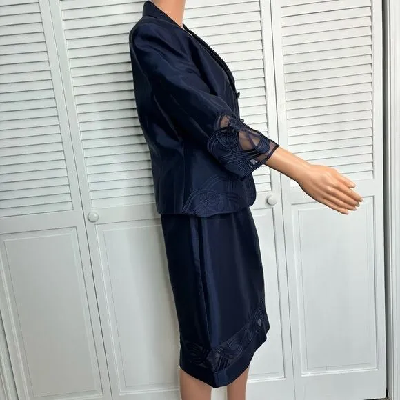 ADRIANNA PAPELL Evening Essentials Silk Navy Blue Skirt Suit Size 10