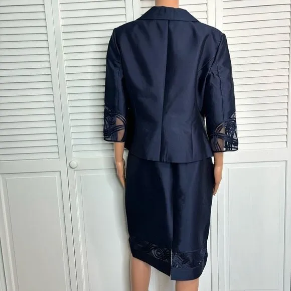 ADRIANNA PAPELL Evening Essentials Silk Navy Blue Skirt Suit Size 10