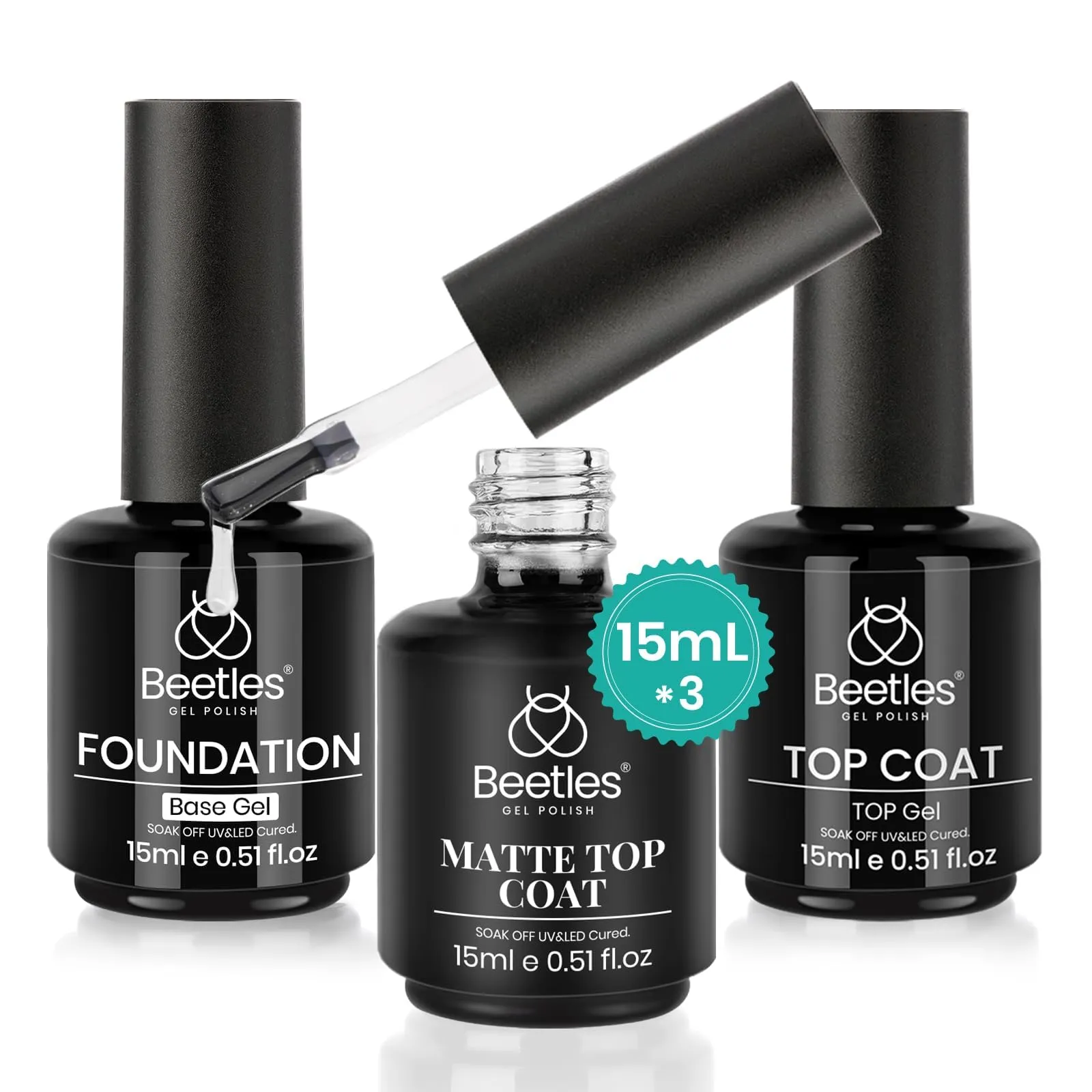 beetles Gel Polish, 3Pcs 15ml Base Gel and No Wipe Top Coat Gel Nail Polish Matte Coat Set, Shine Finish and Long Lasting, Soak Off LED Nail Lamp Gel Nail Polish DiY Design Gifts for Women