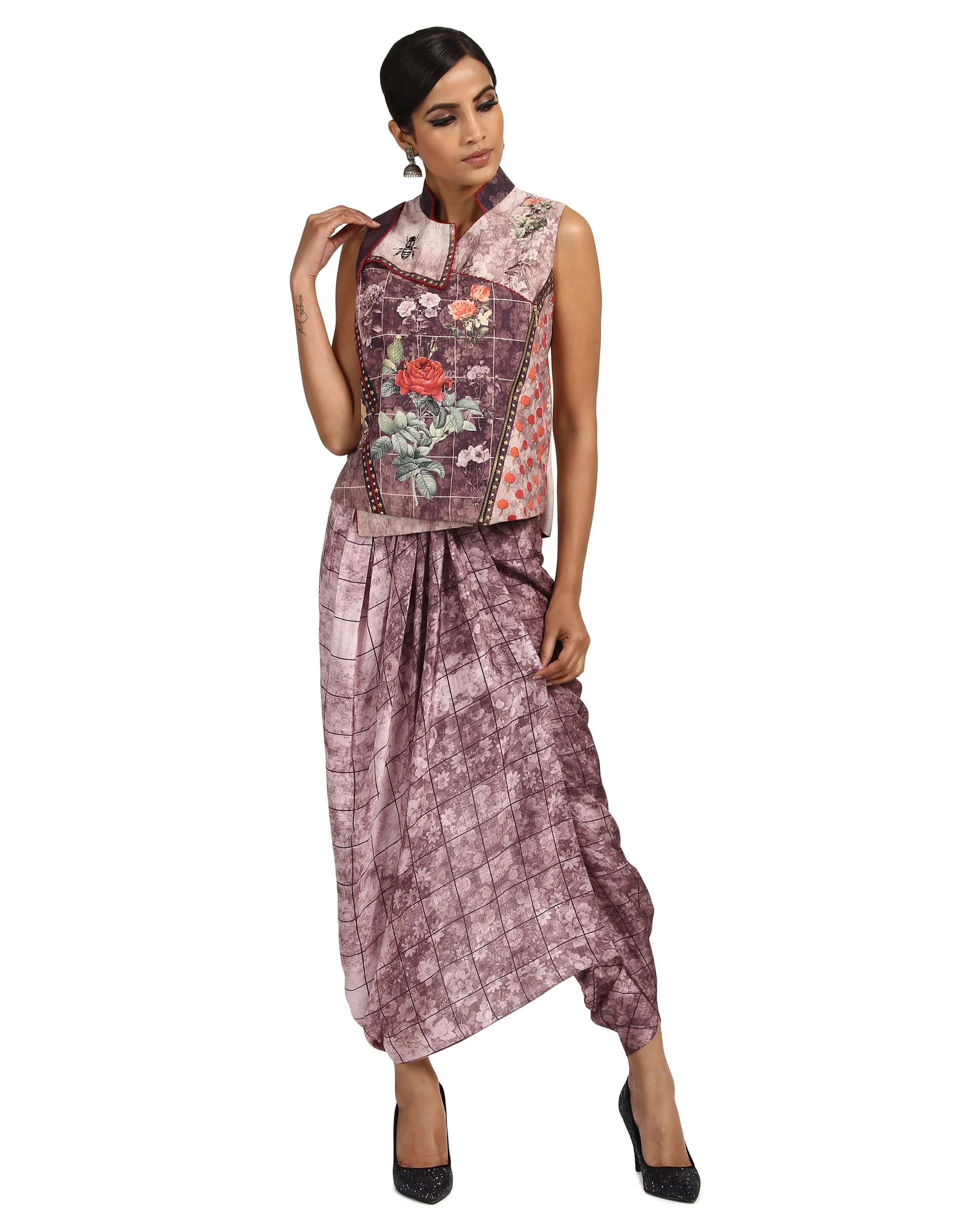 Biker Style Gilet with Star Studded Seam Details- Aubergine