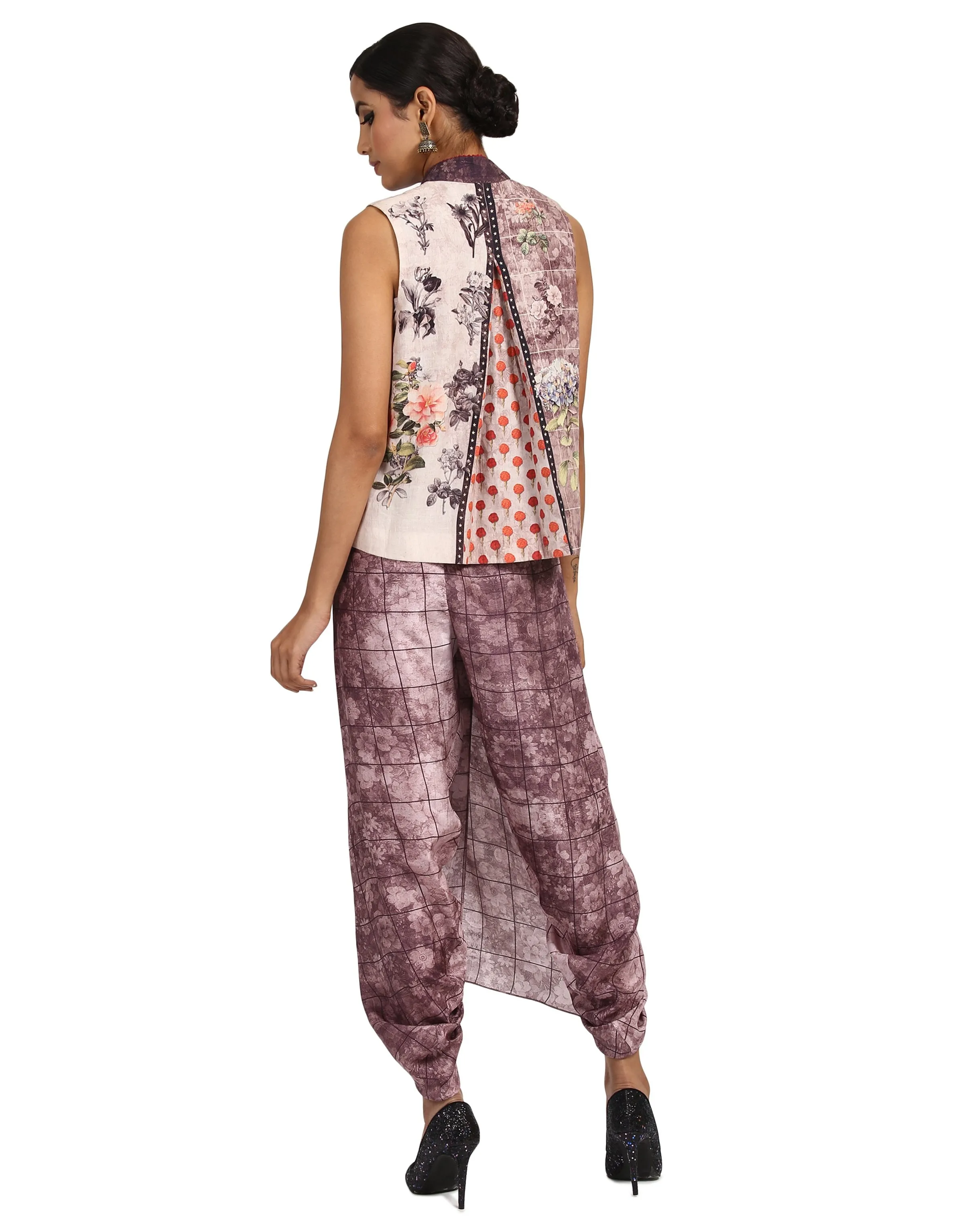 Biker Style Gilet with Star Studded Seam Details- Aubergine
