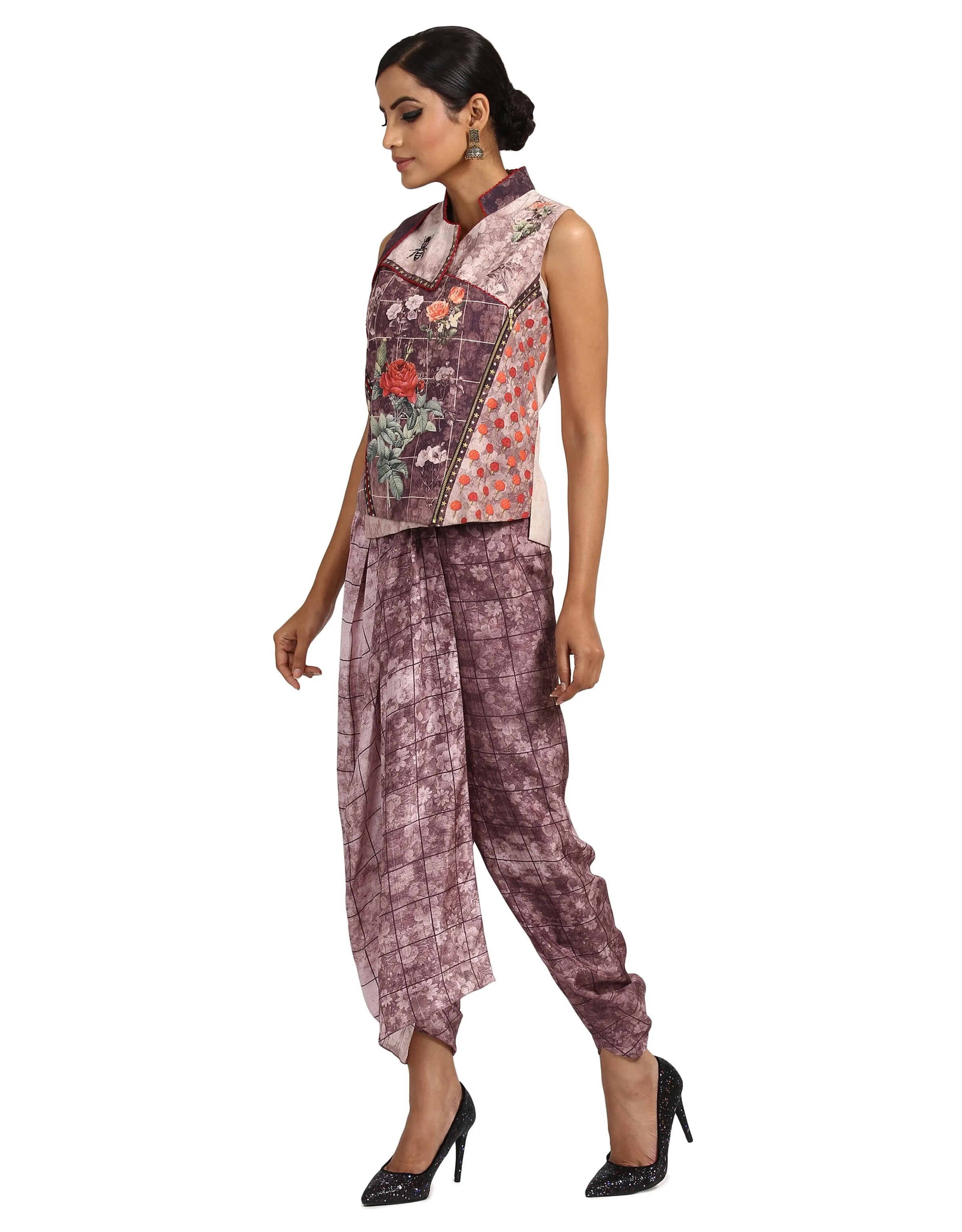 Biker Style Gilet with Star Studded Seam Details- Aubergine