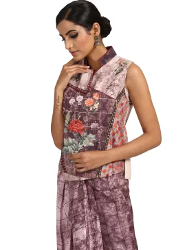 Biker Style Gilet with Star Studded Seam Details- Aubergine