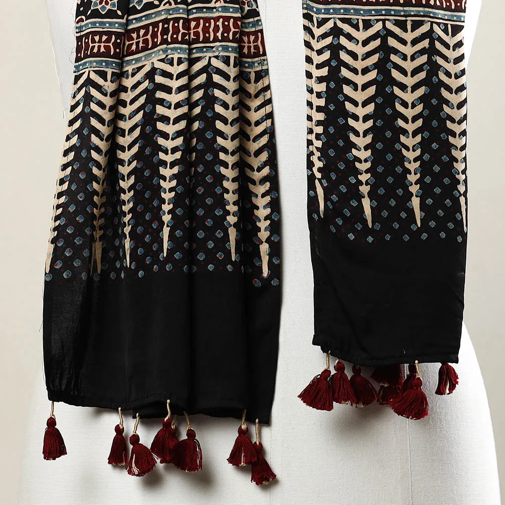 Black - Ajrakh Block Printed Modal Silk Stole with Tassels
