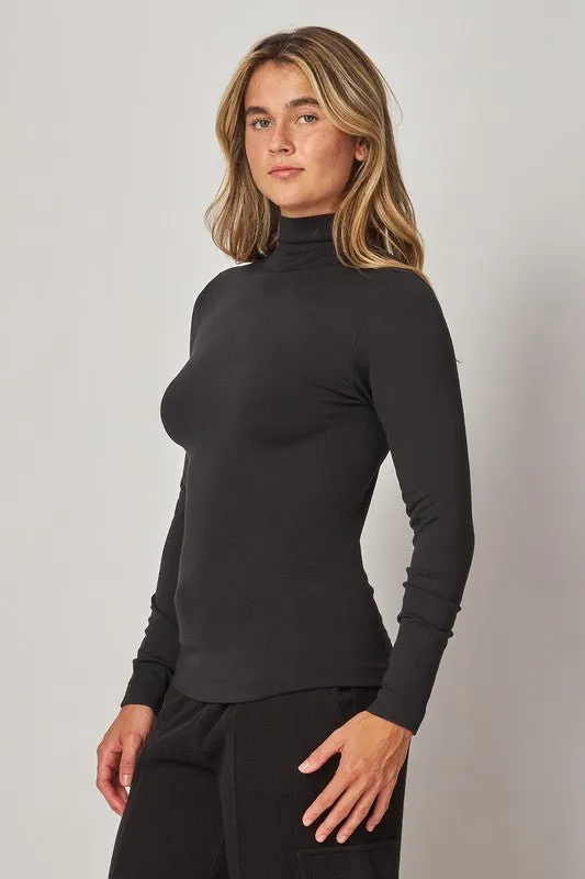 Black Fleece Lined Seamless Mock Neck Long Sleeve Top