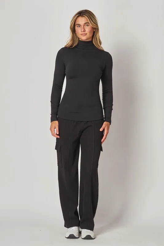 Black Fleece Lined Seamless Mock Neck Long Sleeve Top