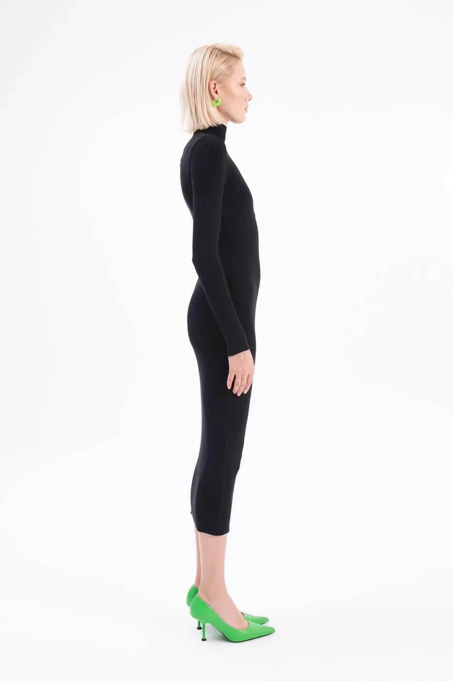Black Stand Collar Knit Pencil Dress