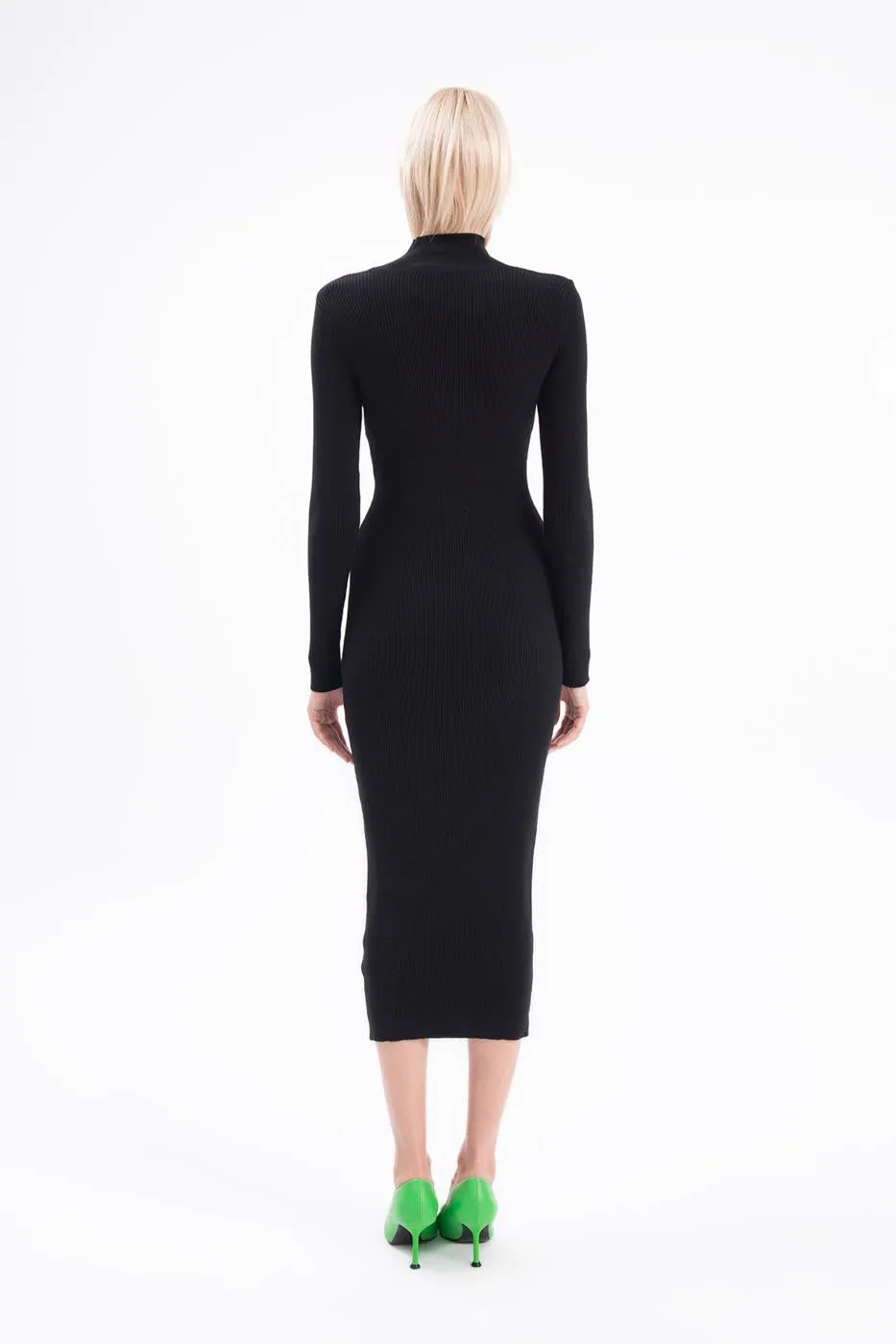 Black Stand Collar Knit Pencil Dress
