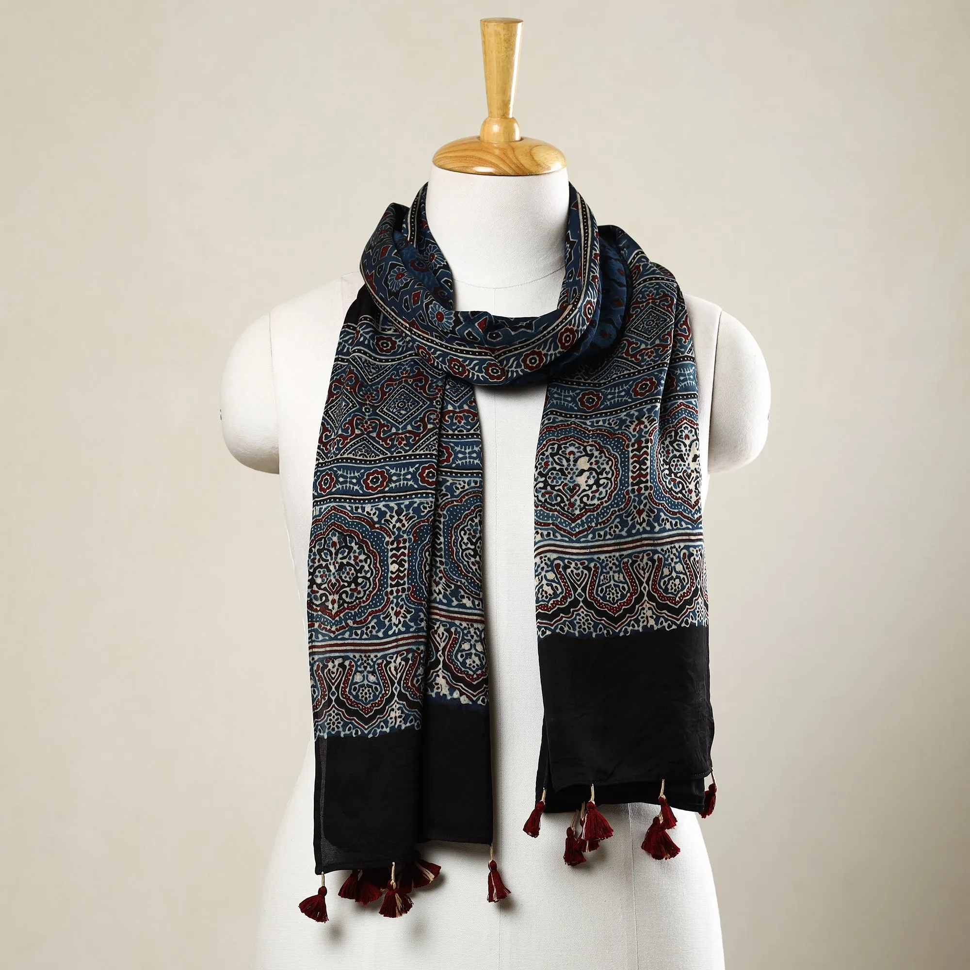 Blue - Ajrakh Block Printed Modal Silk Stole with Tassels