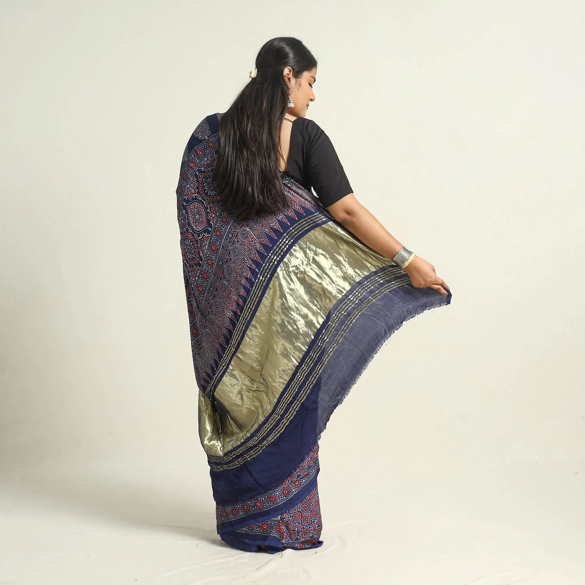 Blue - Modal Silk Block Printed Ajrakh Saree with Zari Border 73
