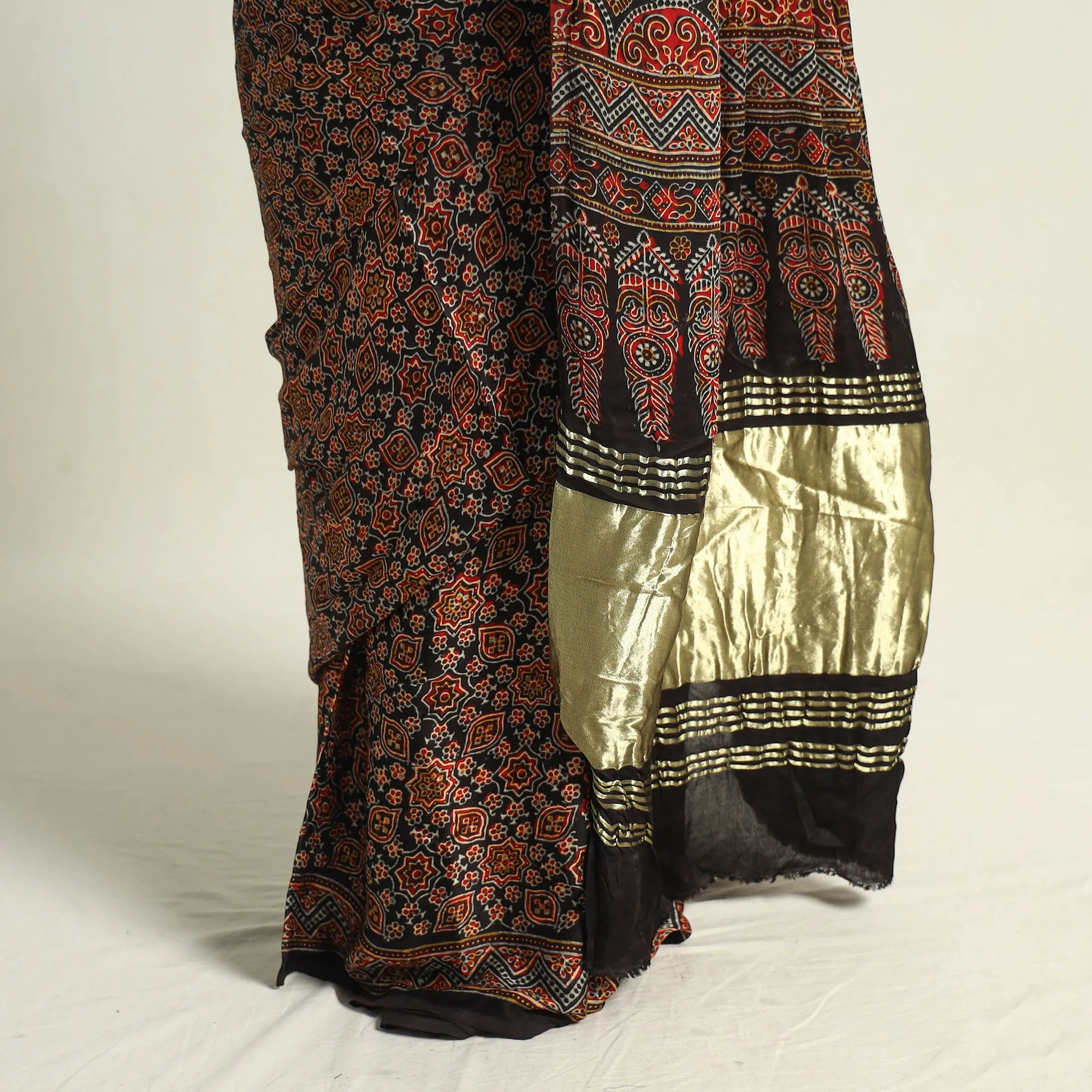 Brown - Modal Silk Block Printed Ajrakh Saree with Zari Border 68