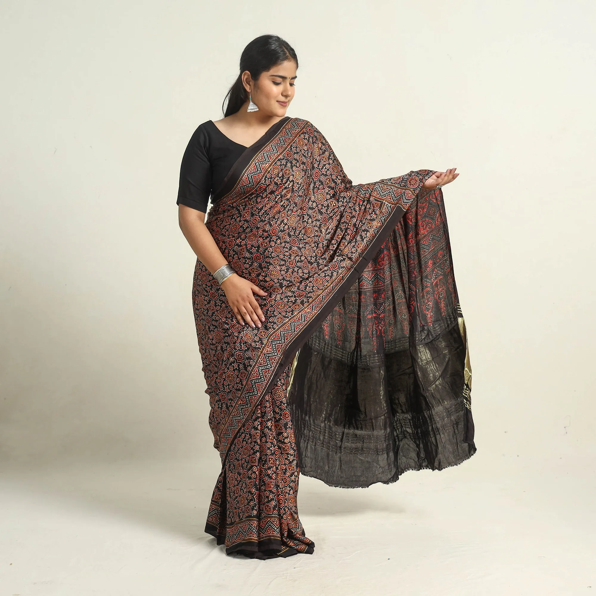 Brown - Modal Silk Block Printed Ajrakh Saree with Zari Border 68