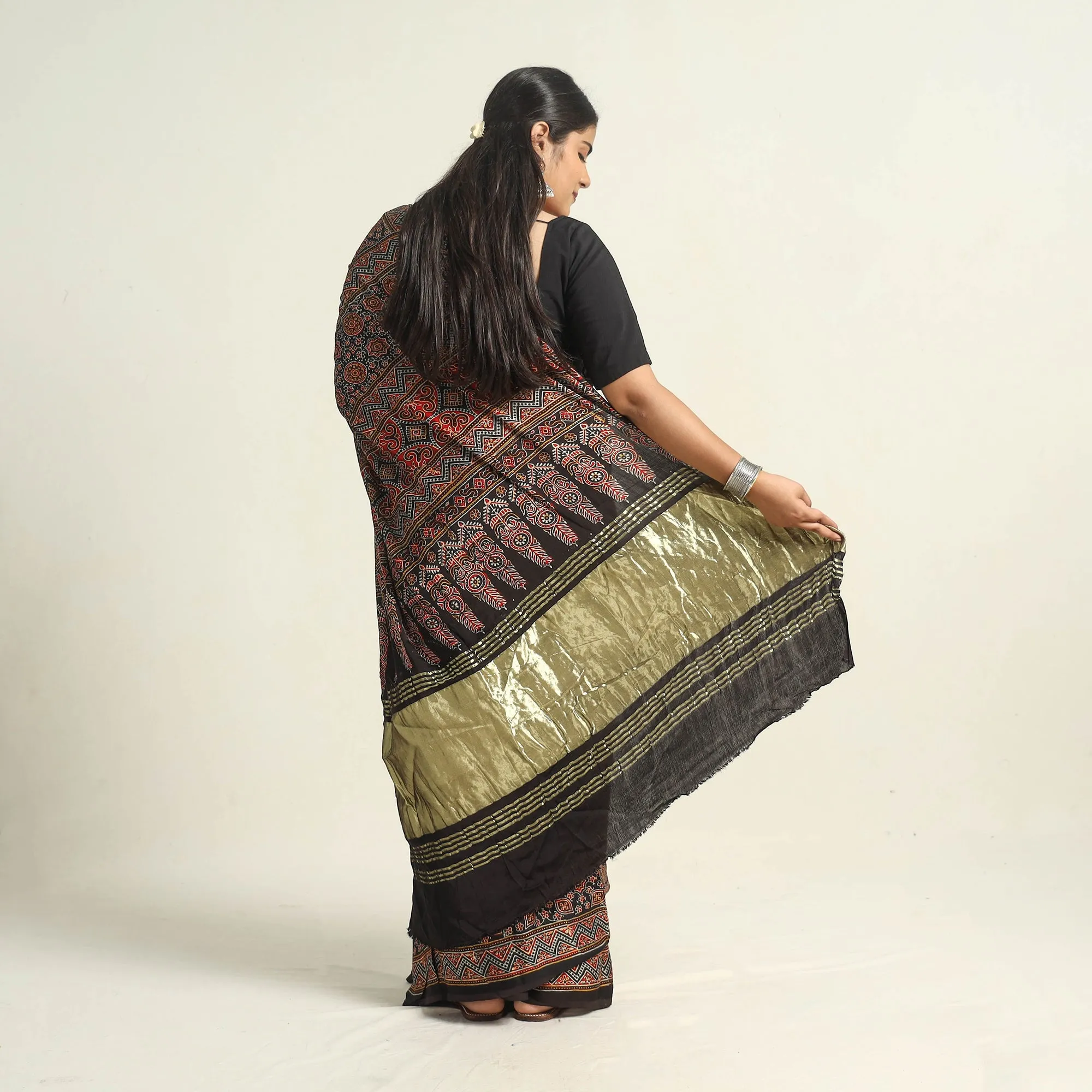 Brown - Modal Silk Block Printed Ajrakh Saree with Zari Border 68