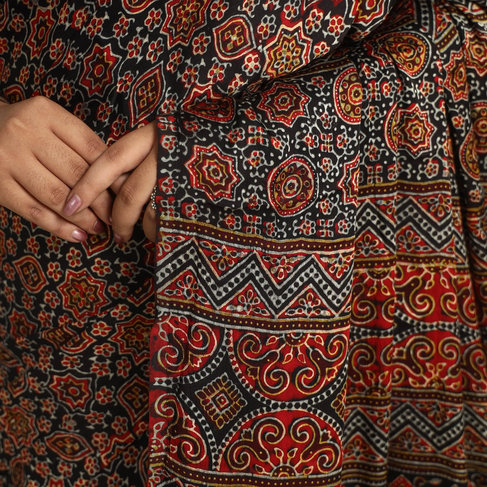 Brown - Modal Silk Block Printed Ajrakh Saree with Zari Border 68