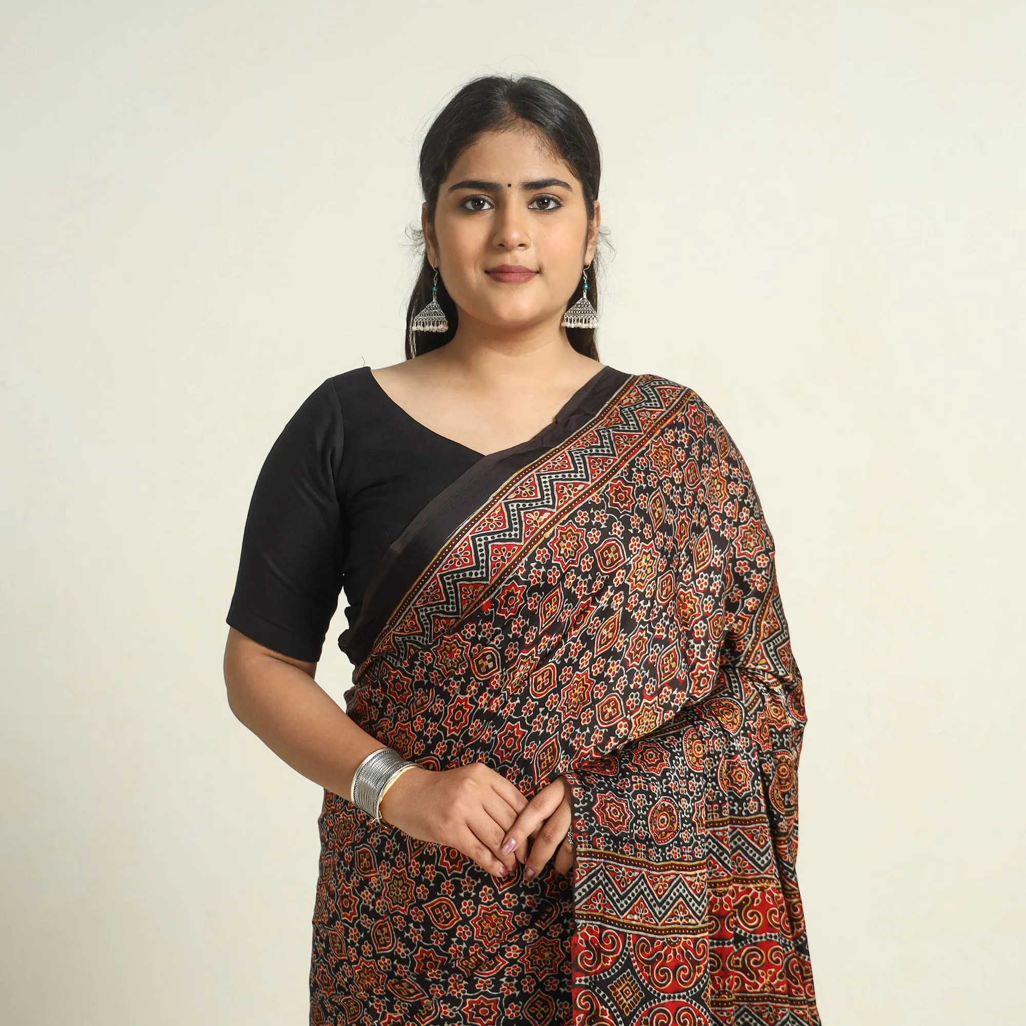 Brown - Modal Silk Block Printed Ajrakh Saree with Zari Border 68