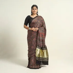 Brown - Modal Silk Block Printed Ajrakh Saree with Zari Border 68