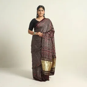 Brown - Modal Silk Block Printed Ajrakh Saree with Zari Border 69