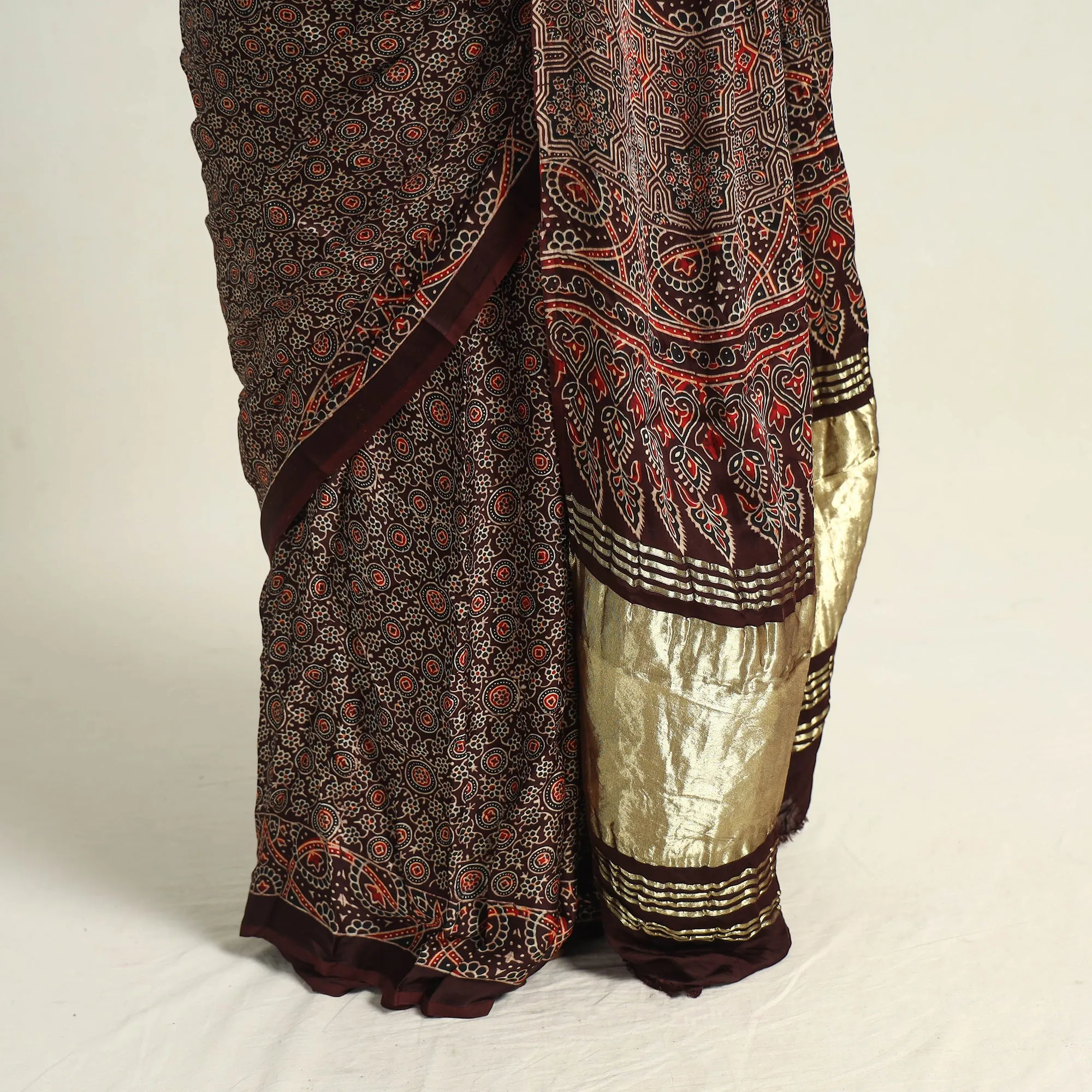 Brown - Modal Silk Block Printed Ajrakh Saree with Zari Border 69