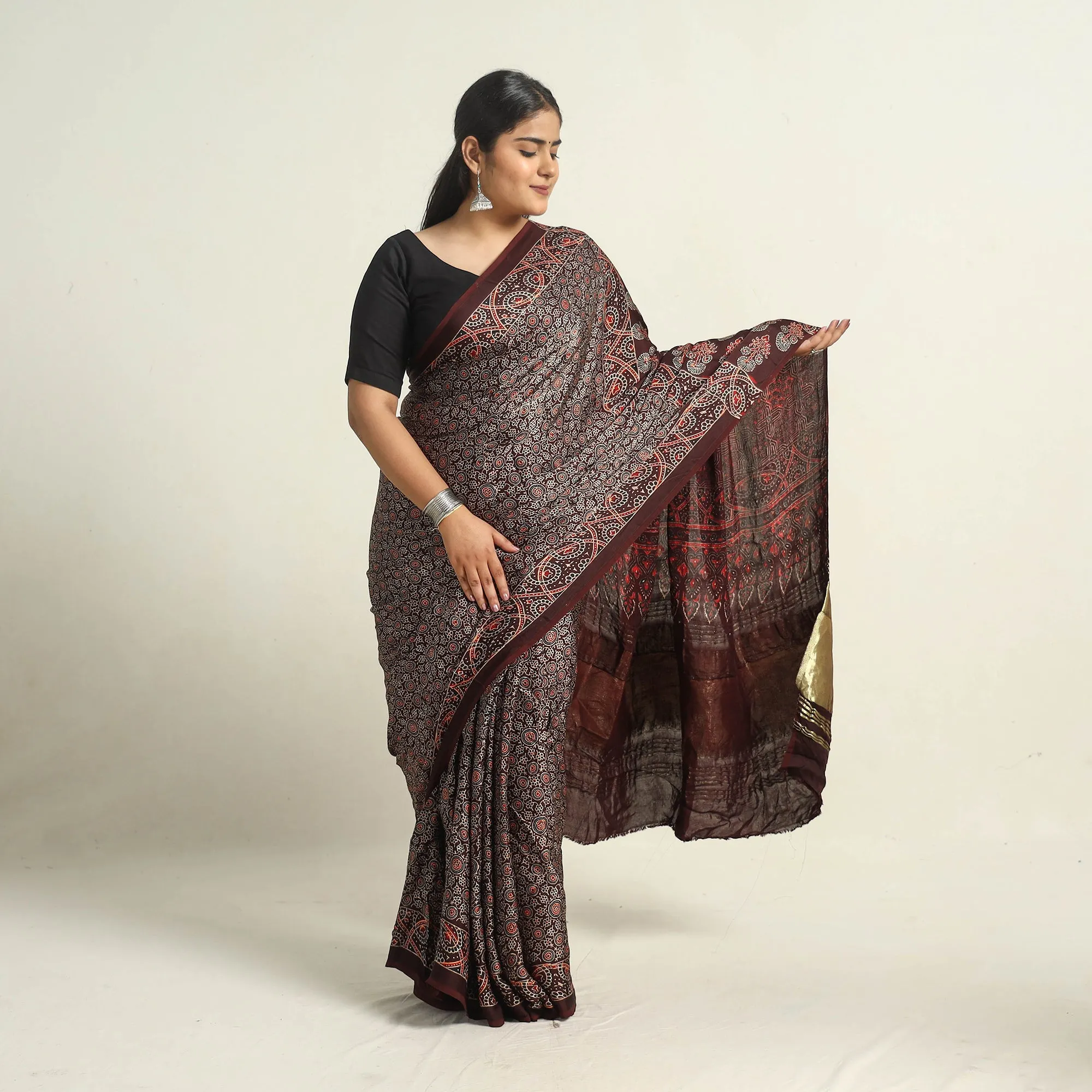 Brown - Modal Silk Block Printed Ajrakh Saree with Zari Border 69