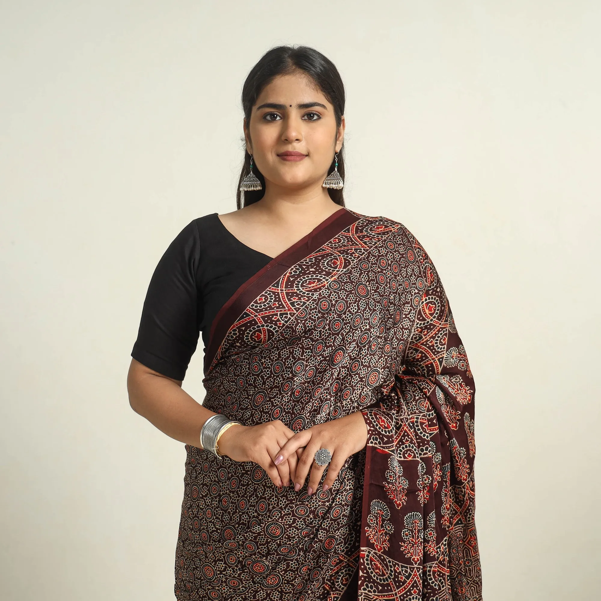 Brown - Modal Silk Block Printed Ajrakh Saree with Zari Border 69