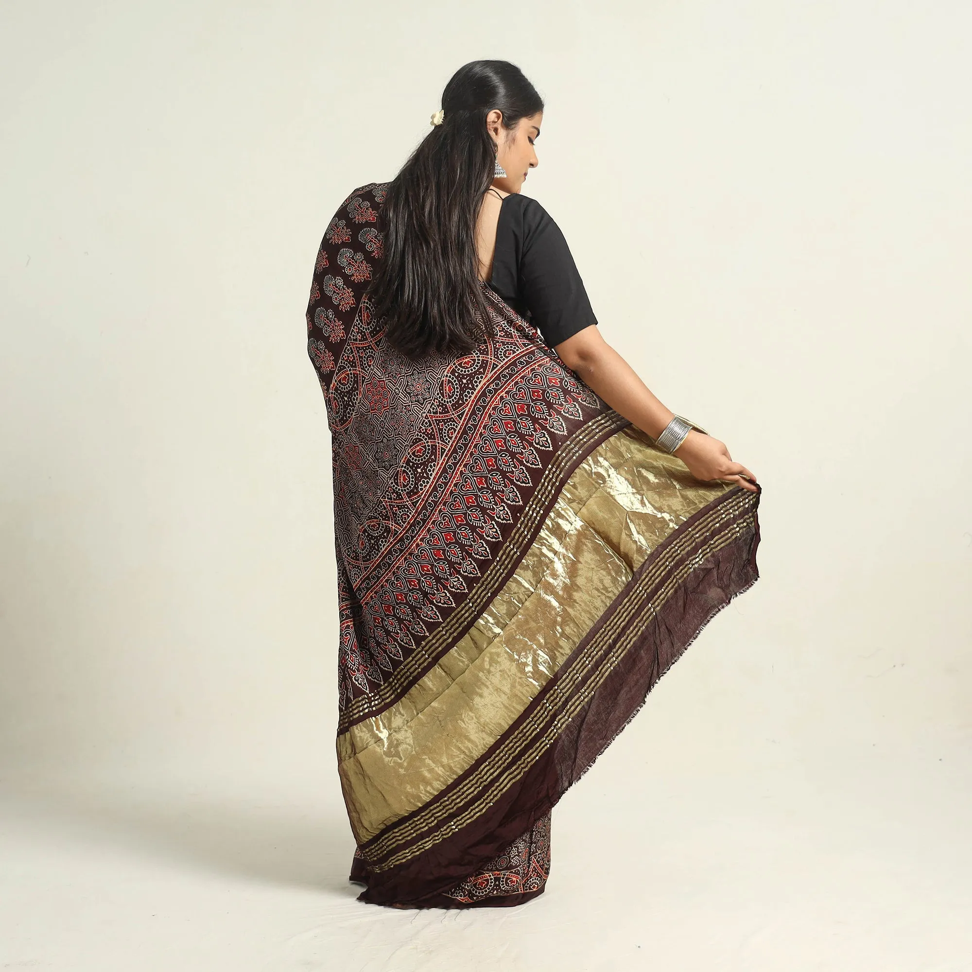 Brown - Modal Silk Block Printed Ajrakh Saree with Zari Border 69