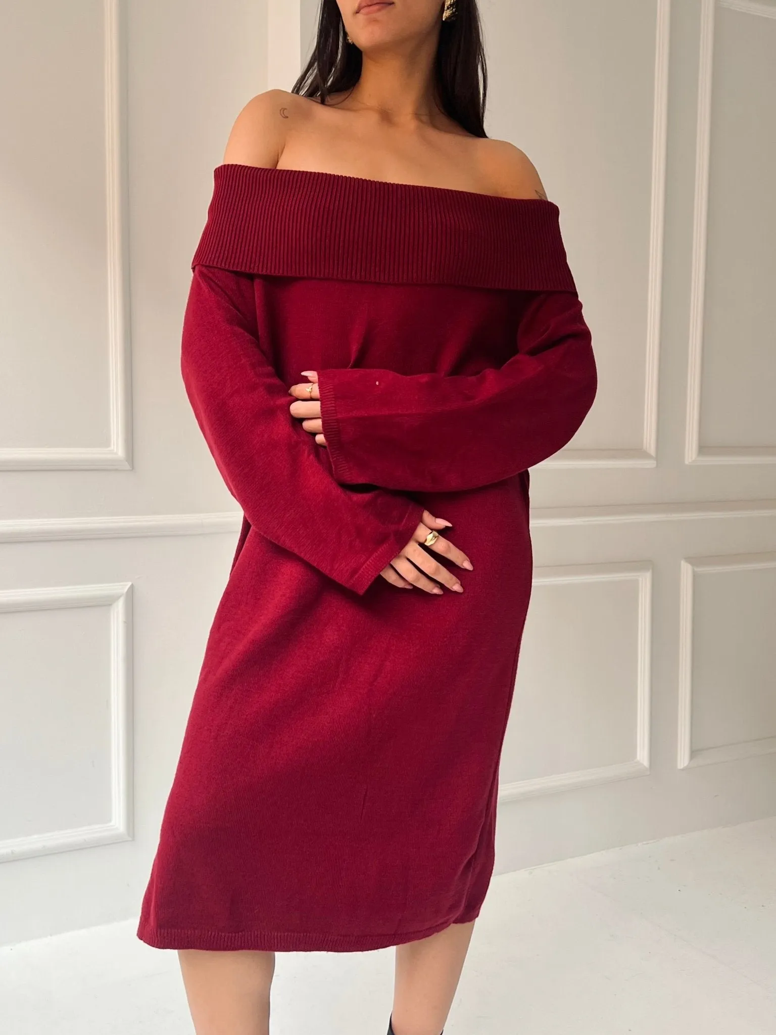 Burgundy Off Shoulder Lantern Sleeve Dress