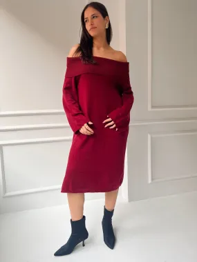 Burgundy Off Shoulder Lantern Sleeve Dress
