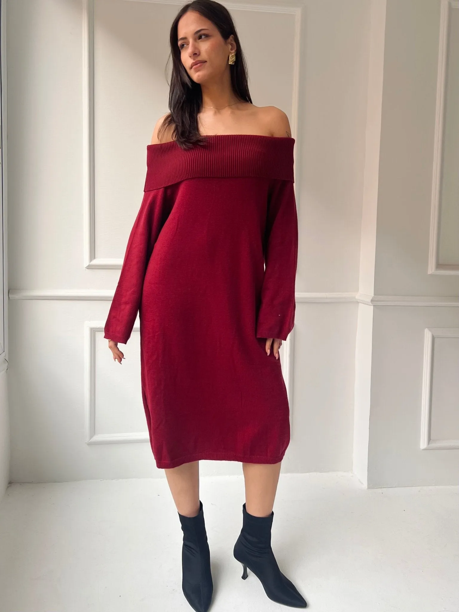 Burgundy Off Shoulder Lantern Sleeve Dress