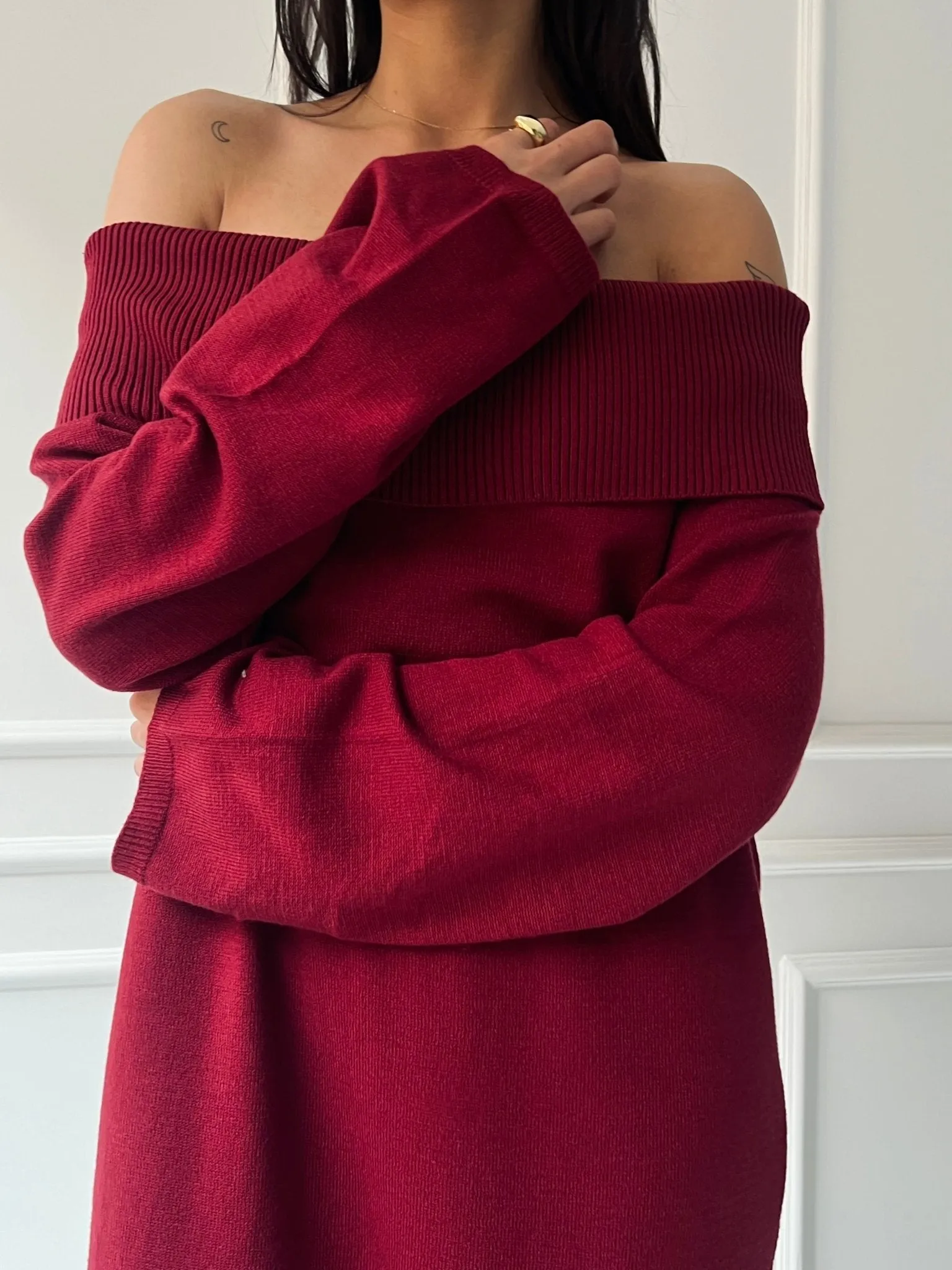 Burgundy Off Shoulder Lantern Sleeve Dress