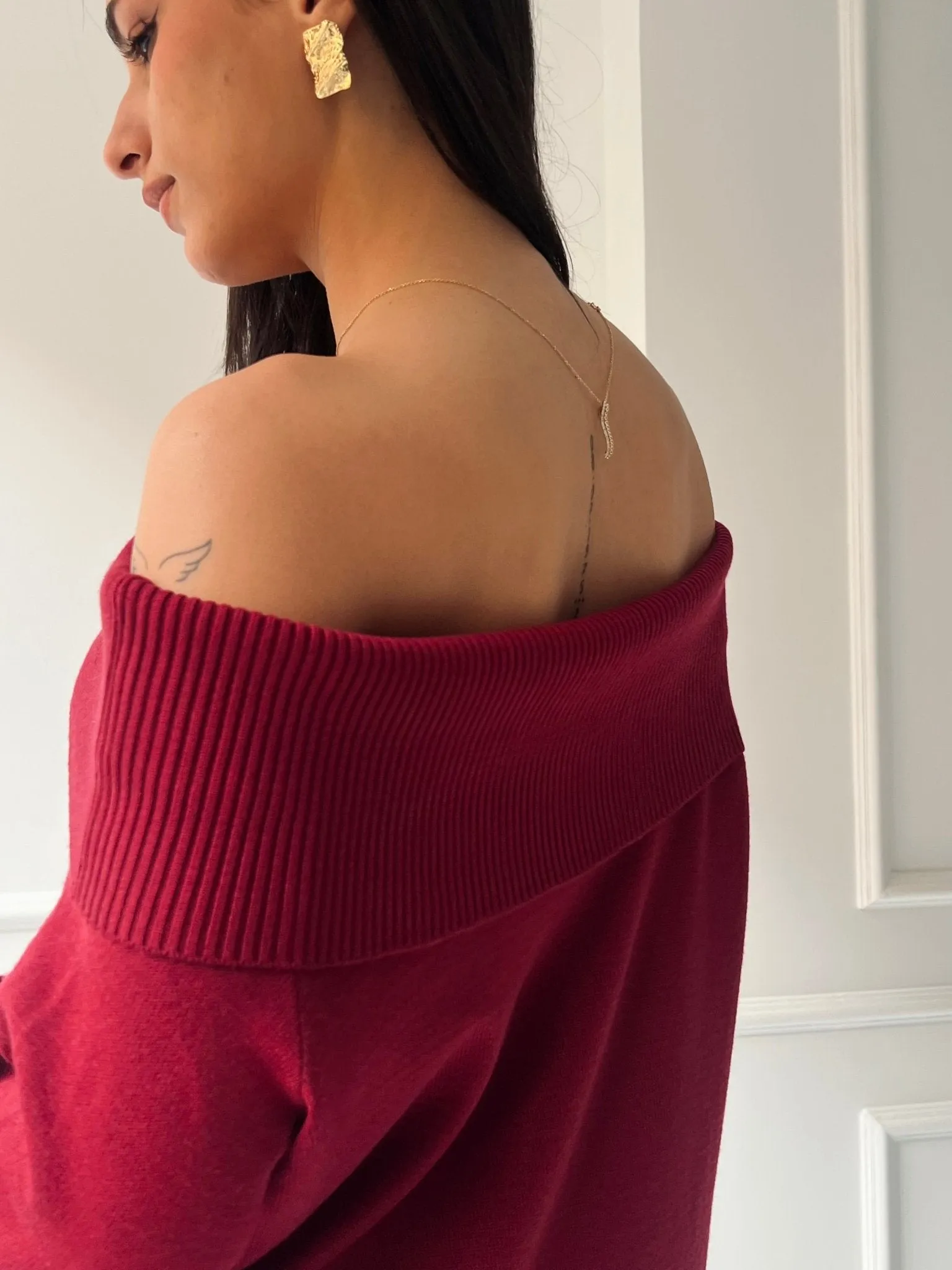 Burgundy Off Shoulder Lantern Sleeve Dress