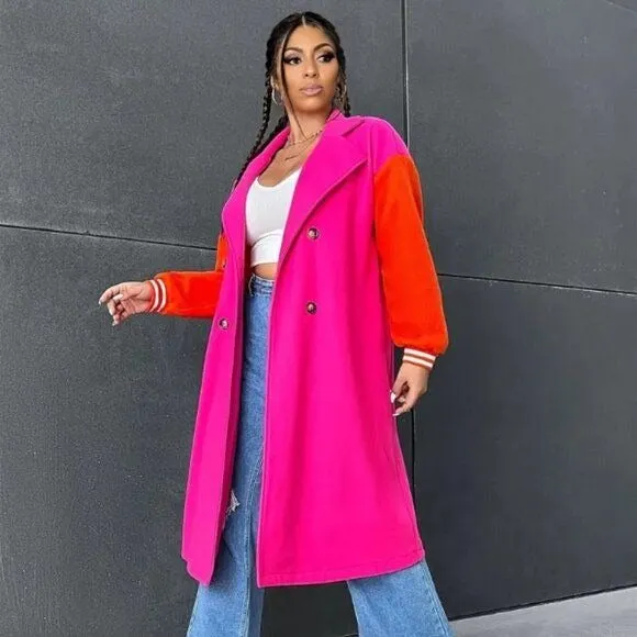 Callie Lives Oversized Varsity 2Face Pink & Orange Trench Coat Plus Size 0X