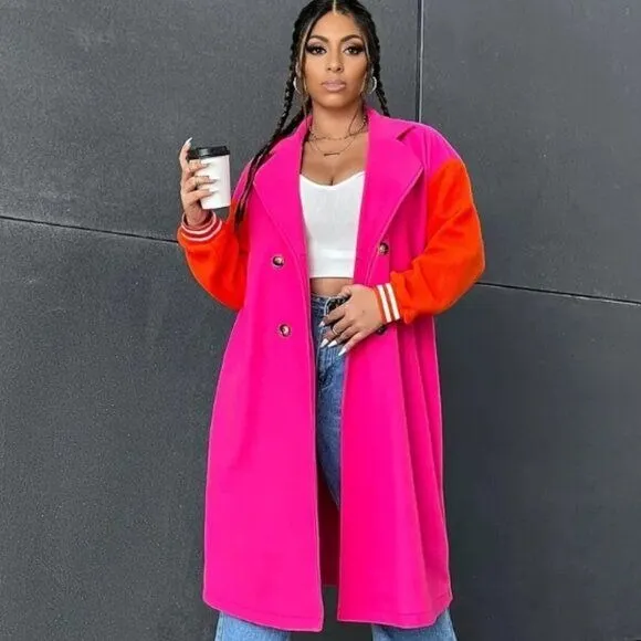 Callie Lives Oversized Varsity 2Face Pink & Orange Trench Coat Plus Size 0X