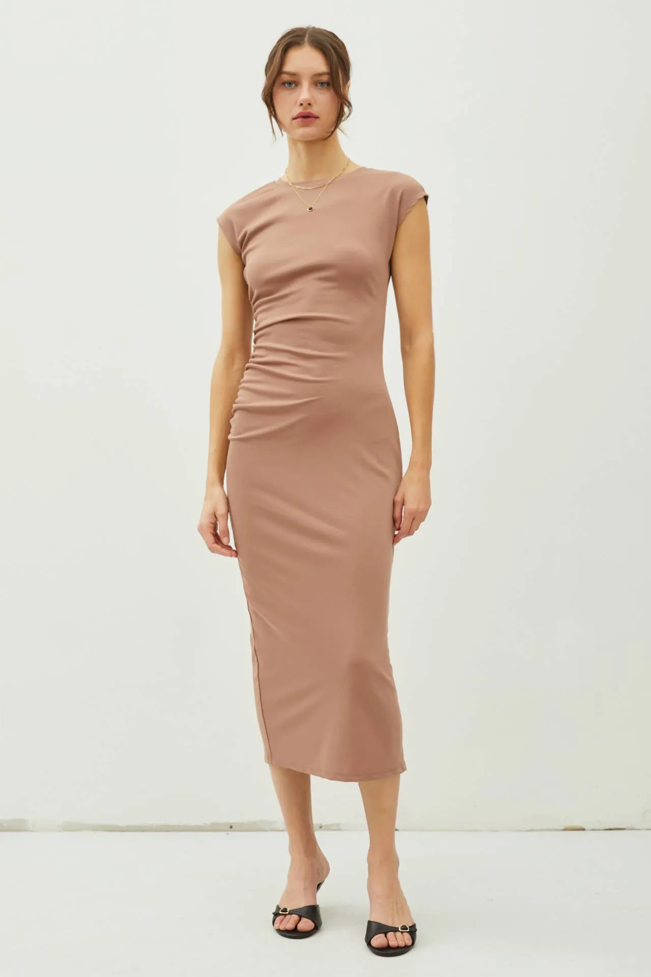 Cap Sleeve Side Ruched Midi Dress