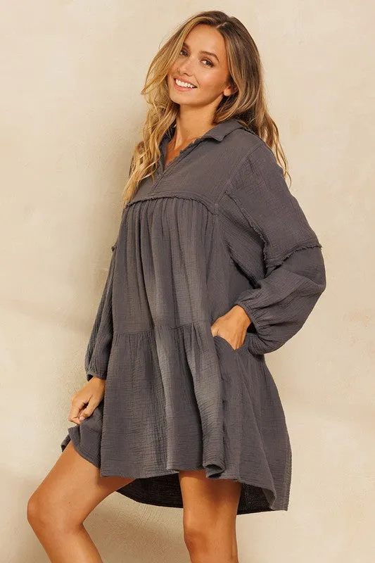 Charcoal Long Slv Babydoll Tiered  Dress