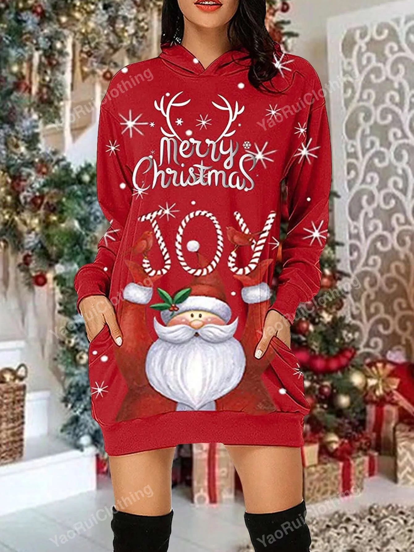Christmas sweatshirt|Christmas Print Drop Shoulder Hooded Sweatshirt Dress