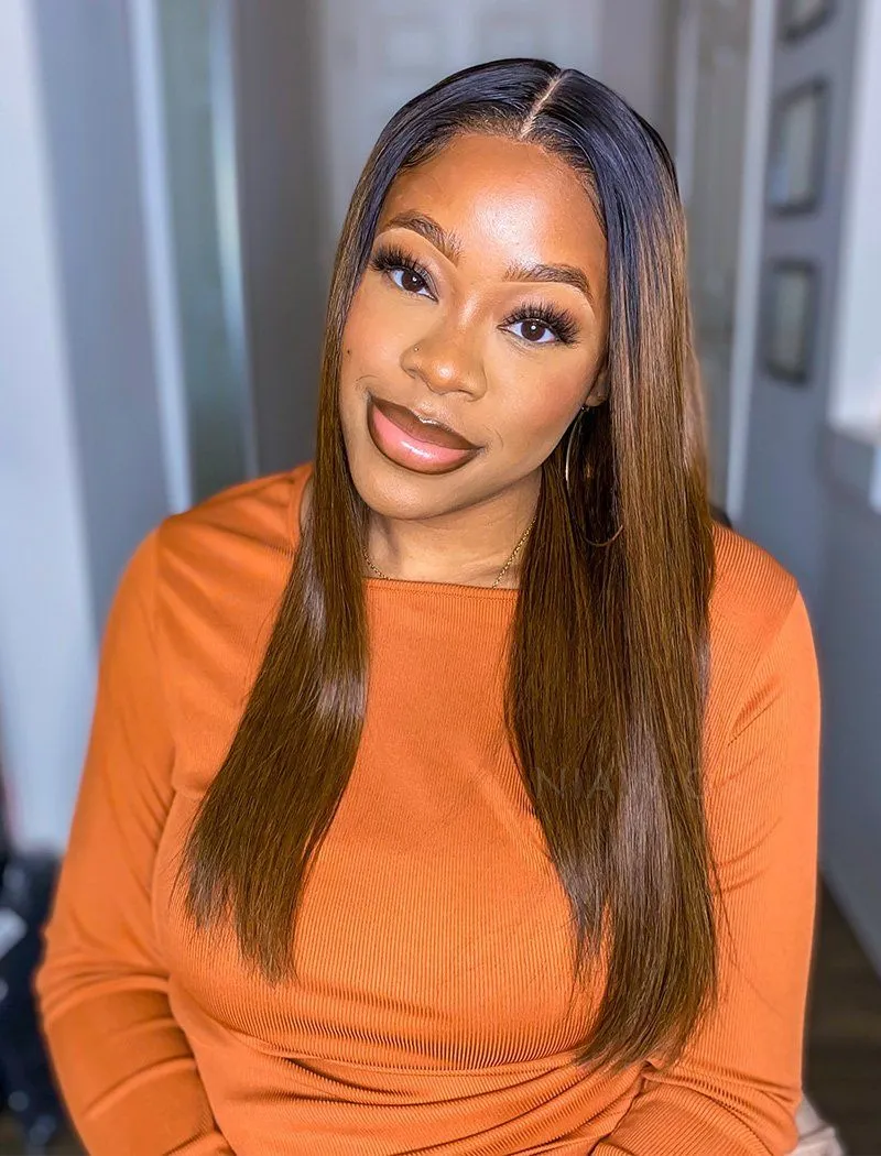 Connie #1b/#4 Highlight Skin Base Lace Front Wigs Human Hair Silky Straight