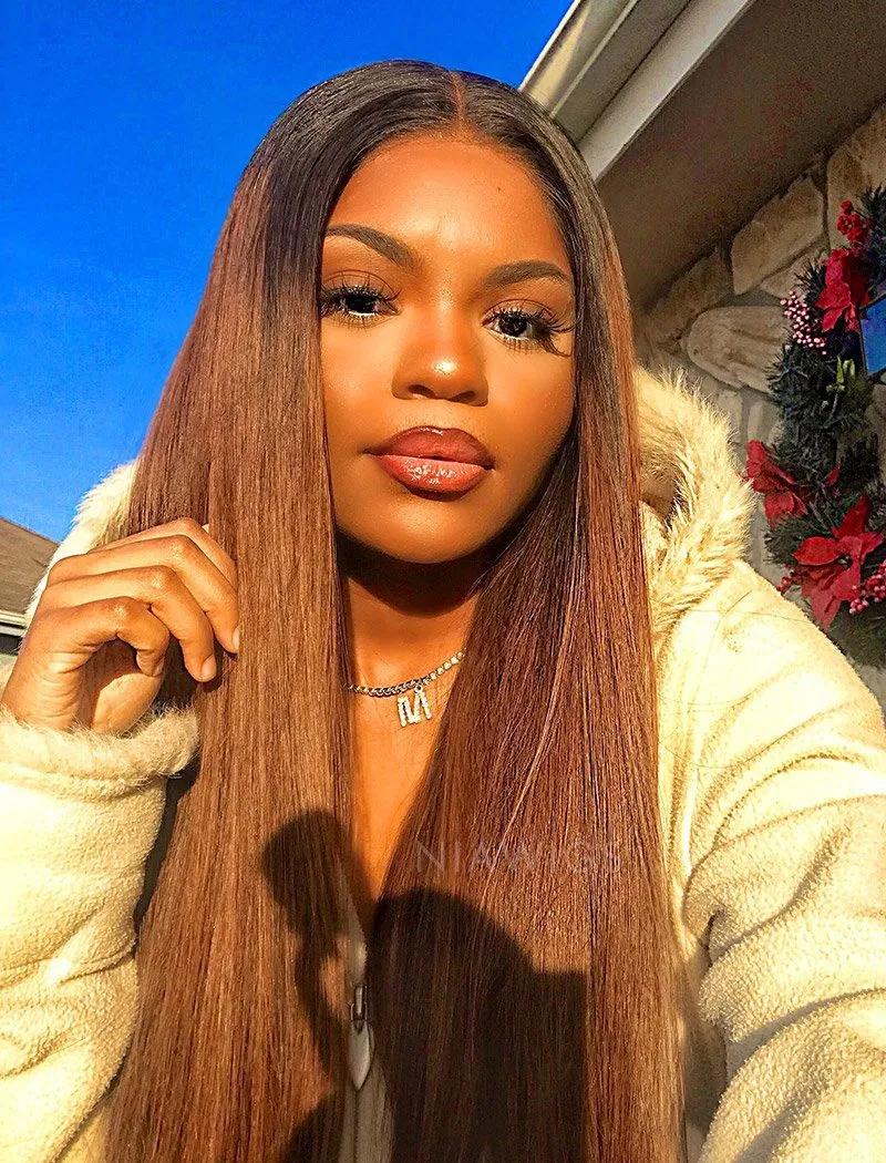 Connie #1b/#4 Highlight Skin Base Lace Front Wigs Human Hair Silky Straight