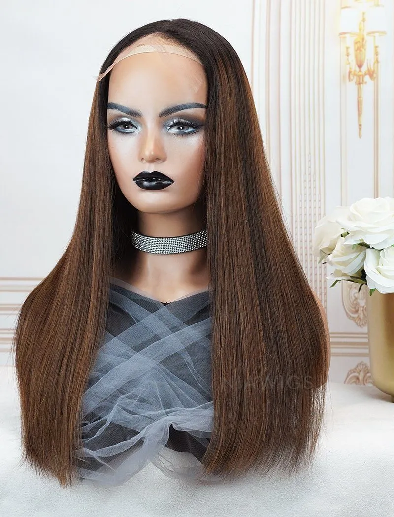 Connie #1b/#4 Highlight Skin Base Lace Front Wigs Human Hair Silky Straight