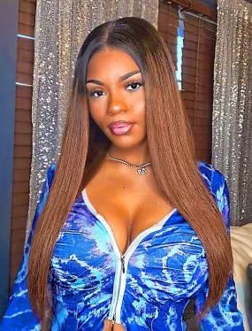 Connie #1b/#4 Highlight Skin Base Lace Front Wigs Human Hair Silky Straight