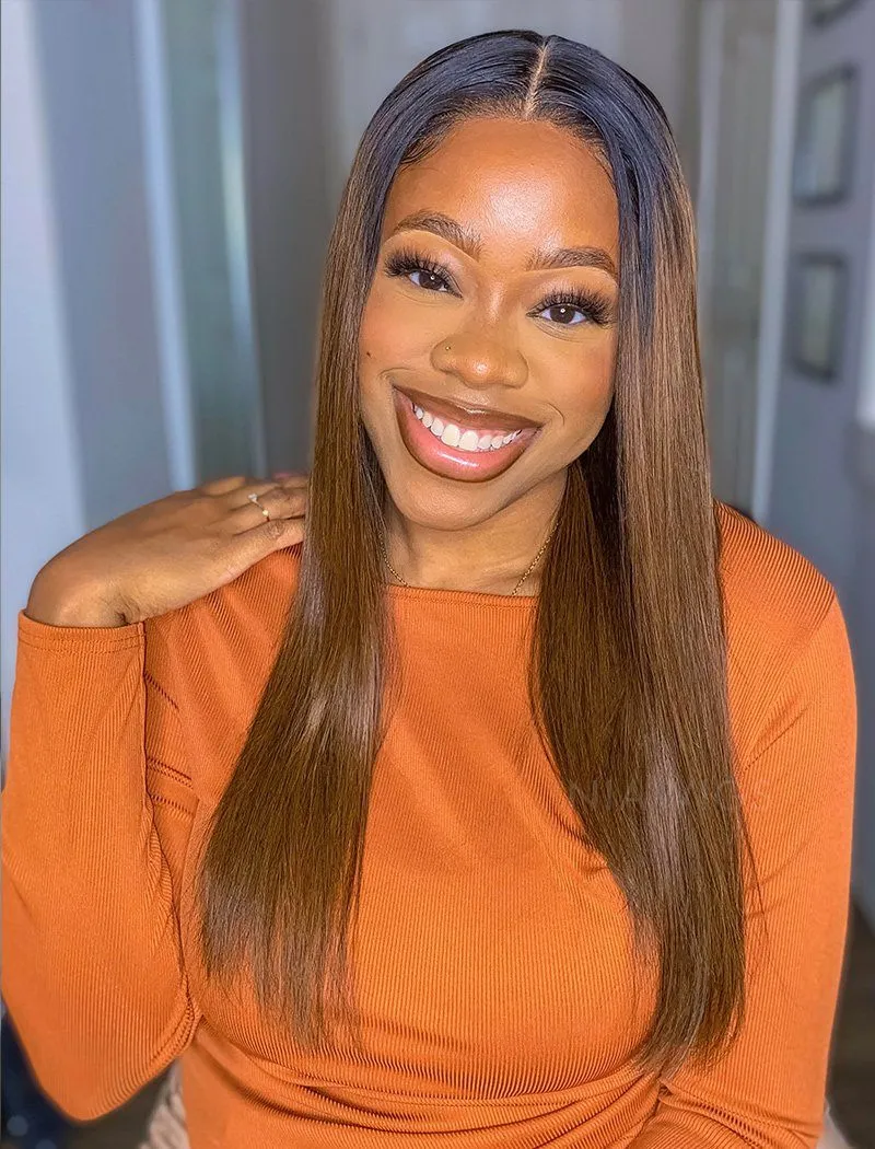 Connie #1b/#4 Highlight Skin Base Lace Front Wigs Human Hair Silky Straight